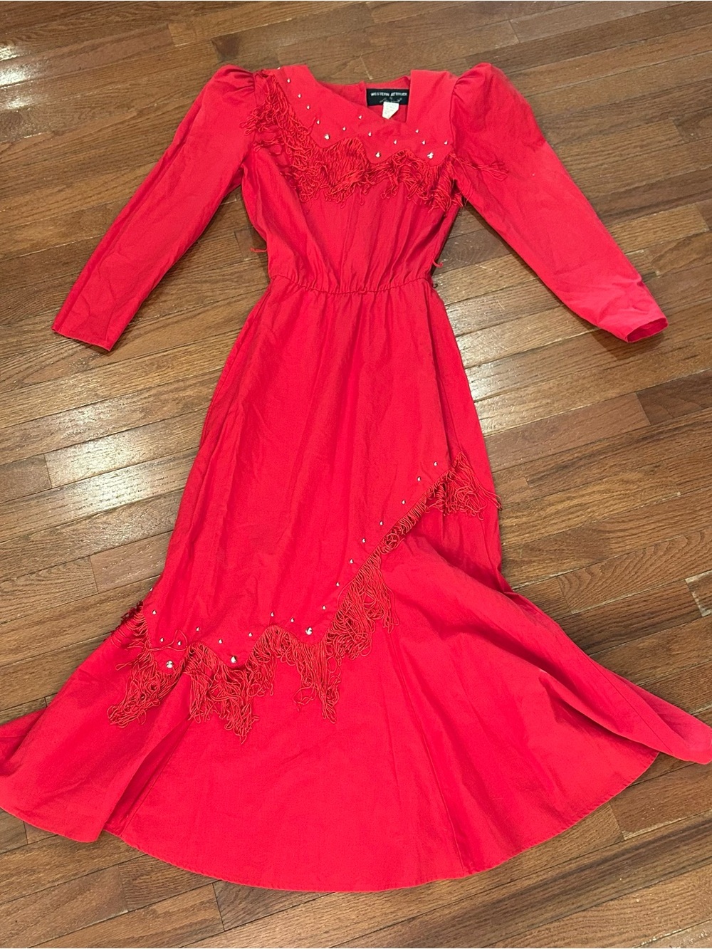 vintage Lilia Smitty red Western fringe maxi dress from the 1980s.